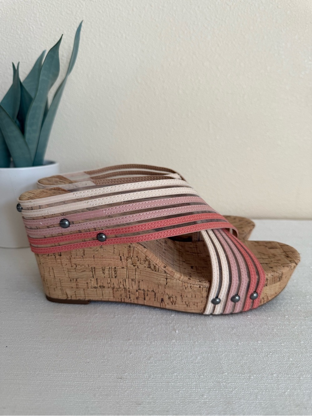 New Lucky Brand Mykayla Strappy Cork Wedge Sandals in Pink & Neutral Tones